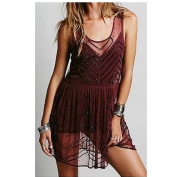 Free People Dresses & Skirts - Free People mesh beaded sheer dress burgundy sz XS